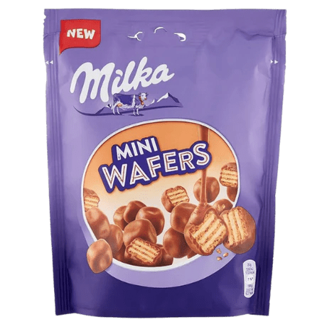 Front of Milka Mini Wafers pack showing purple packaging with logo and delicious chocolate-coated wafer imagery (110g pack)