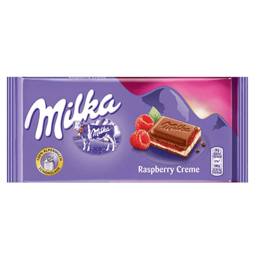 Front of Milka Raspberry Creme wrapper featuring purple design, logo, raspberry imagery, and 100g pack size