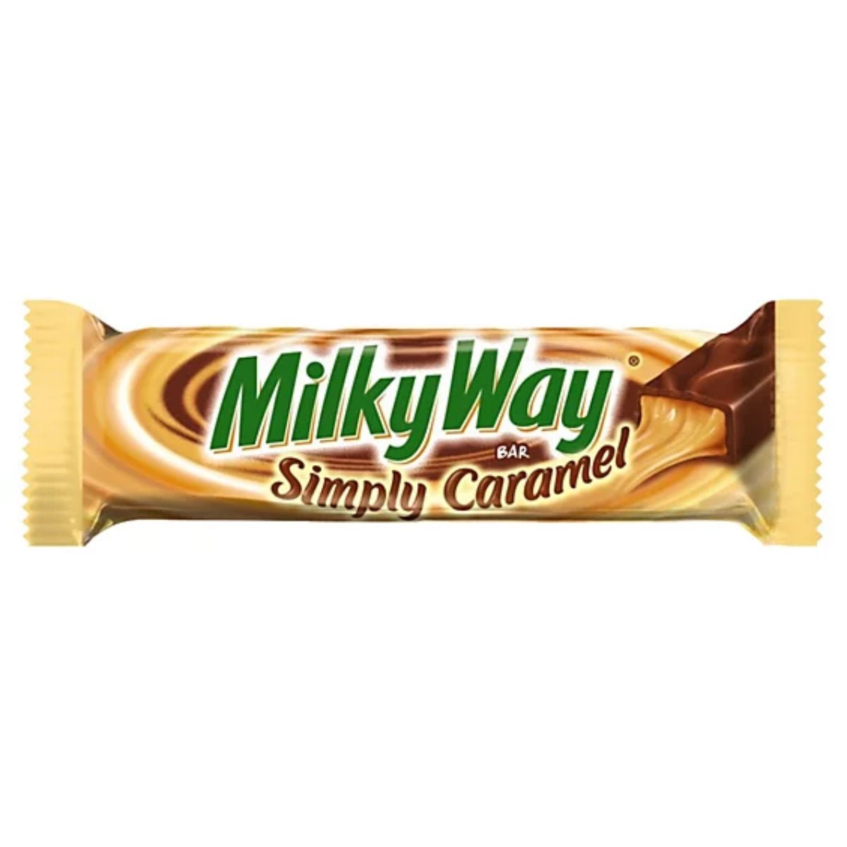 Front of Milky Way Simply Caramel bar showing the logo and caramel-filled chocolate packaging (43g)