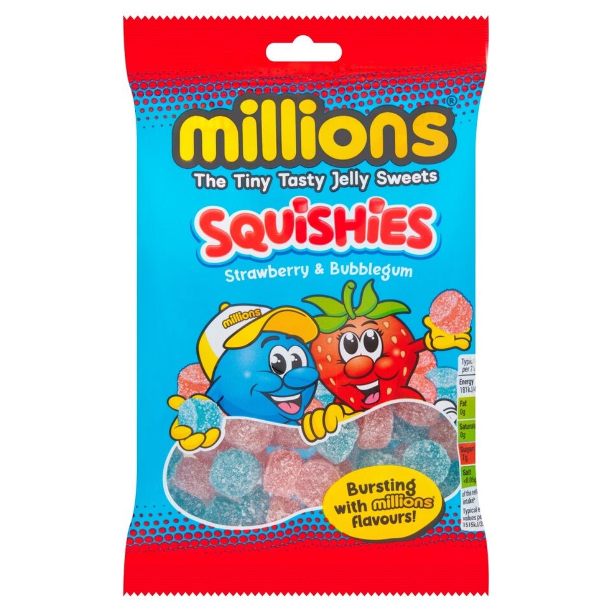 Front of Millions Strawberry & Bubblegum Squishies bag showing logo, vibrant design with jelly sweets, and 130g pack size