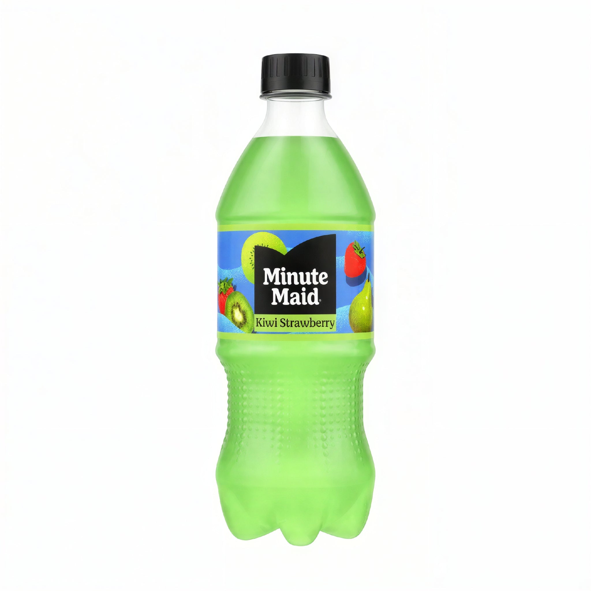 Front of Minute Maid Kiwi Strawberry Juice Drink bottle showing the logo, kiwi and strawberry illustrations, and 591ml volume.