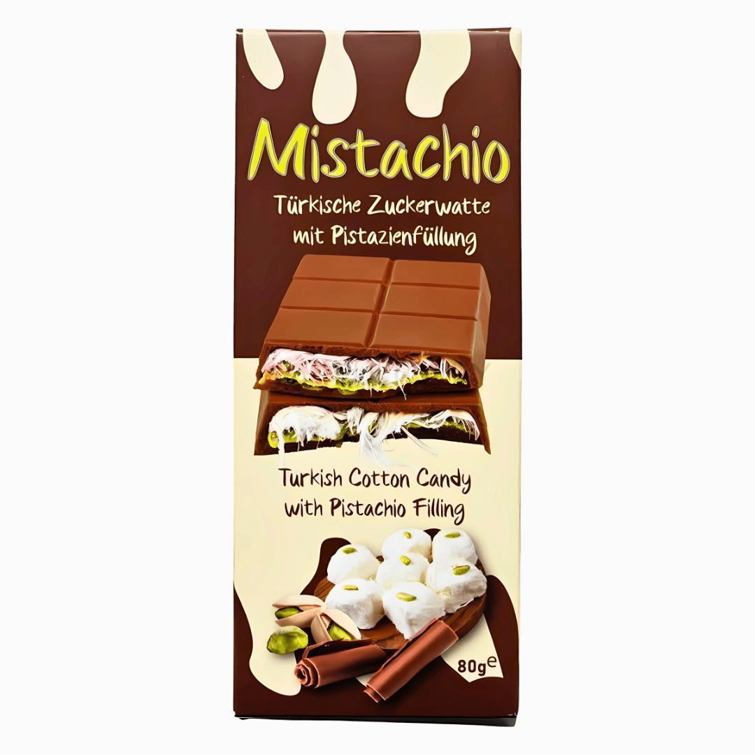 Front of Mistachio Angel Cotton Candy with Chocolate Pistachio packaging showing the product name, flavour, and 80g size.