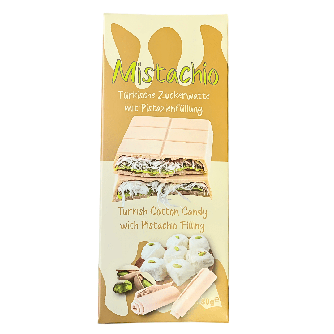 Front of Mistachio Angel Cotton Candy with White Chocolate Pistachio label showing product name, flavour details and pack size (80g)
