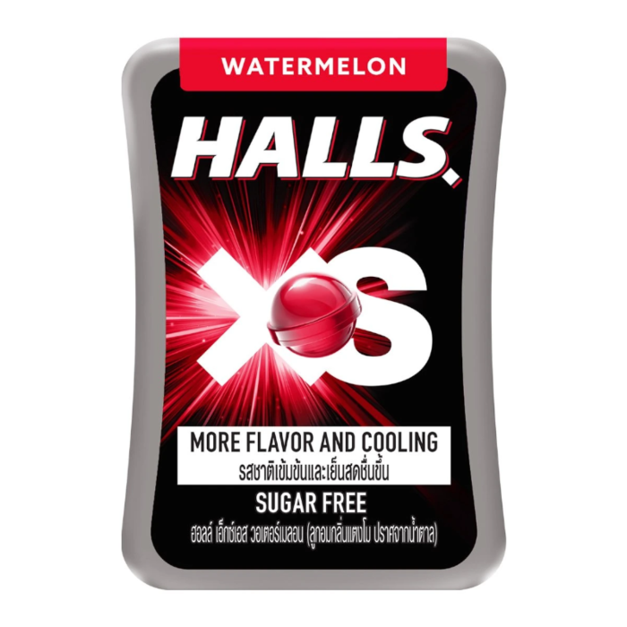 Front of HALLS XS Watermelon Hard Candy pack showing bold logo, red and black colour scheme, and watermelon flavour label (21 pack, 15g)