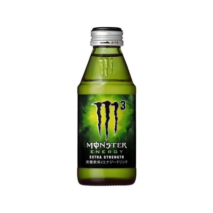 Front of Monster Energy Extra Strength M3 (Japan) bottle showing bold green logo, black label, and refreshing energy drink design (150ml)