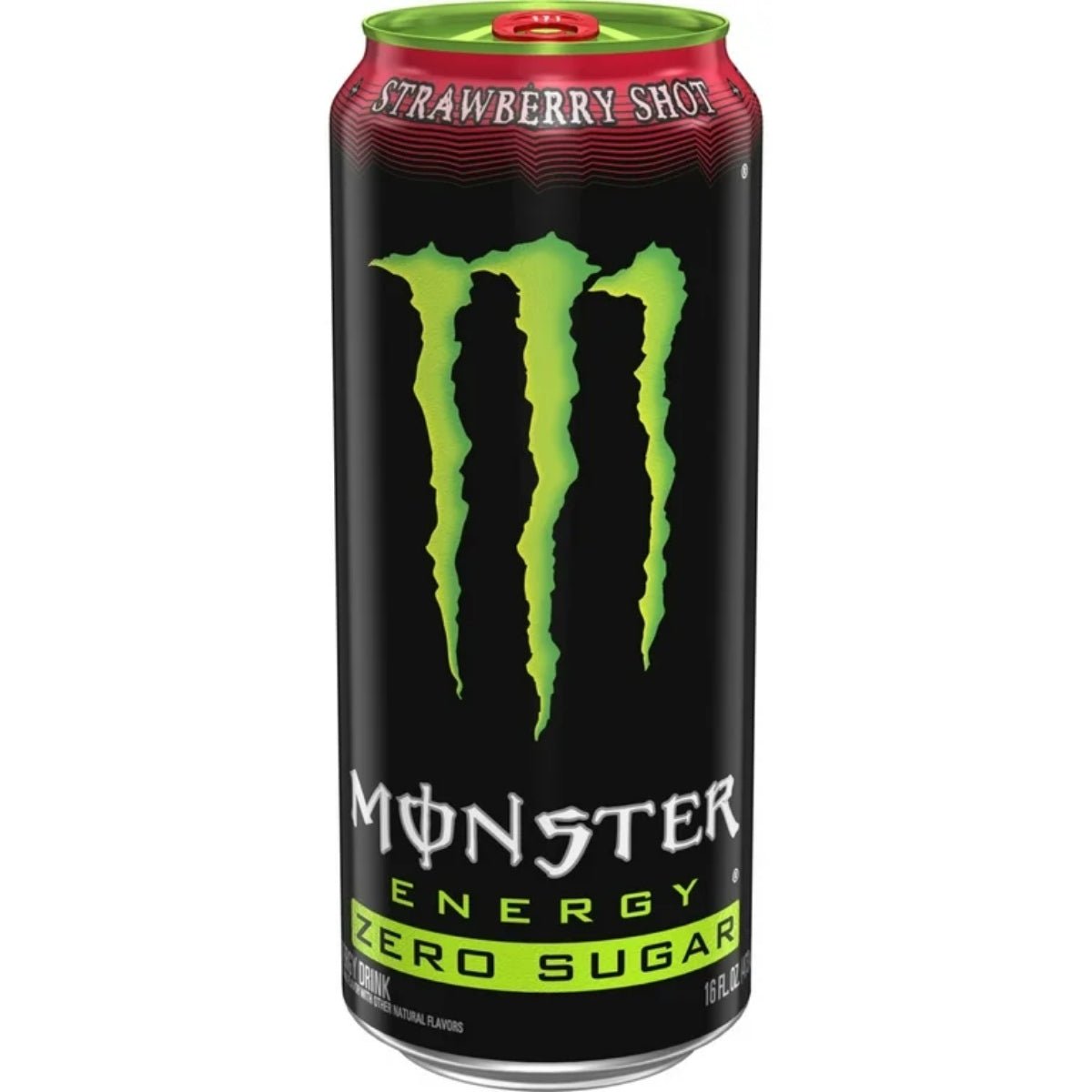 Front of Monster Energy Original Zero Strawberry Shot can with bold design, strawberry flavour label, and 473ml volume.