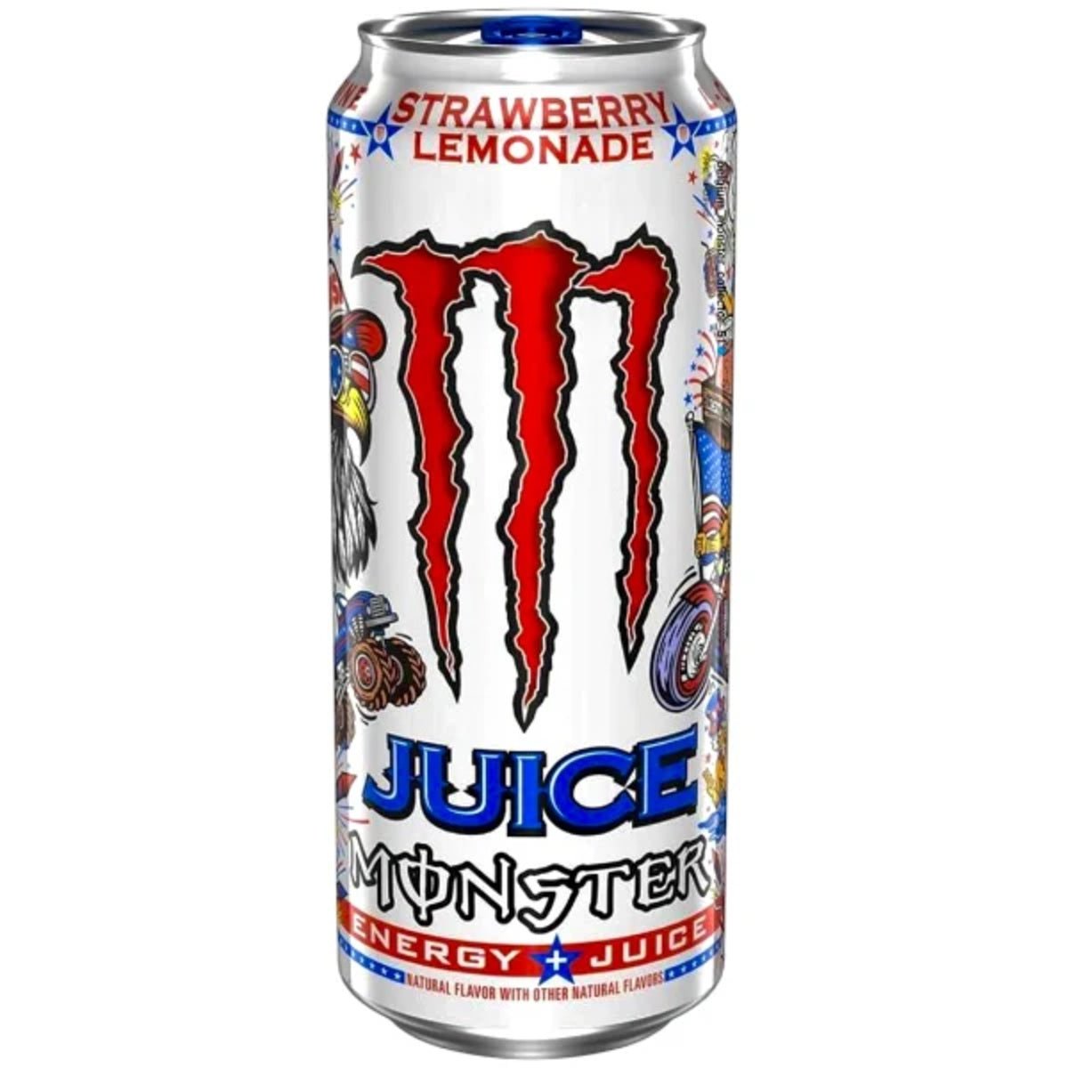 Front of Monster Energy Strawberry Lemonade can showing vibrant design, bold Monster logo, and strawberry lemonade flavour label (473ml)