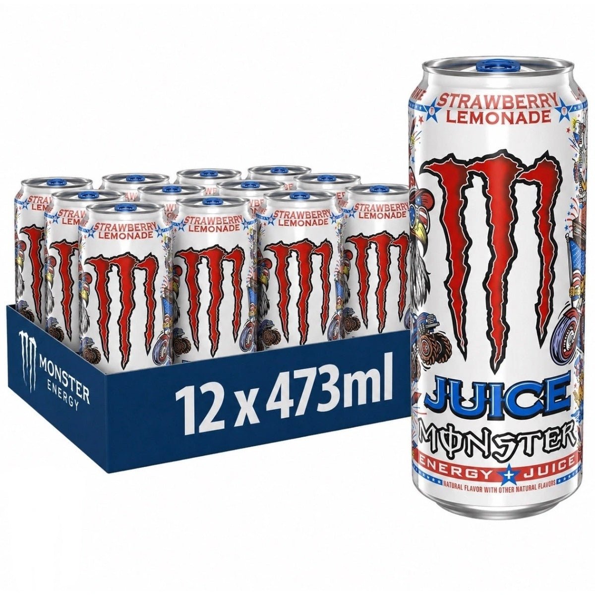 Front of Monster Energy Strawberry Lemonade case showing 12 cans, vibrant flavour label, and pack size of 12 x 473ml.