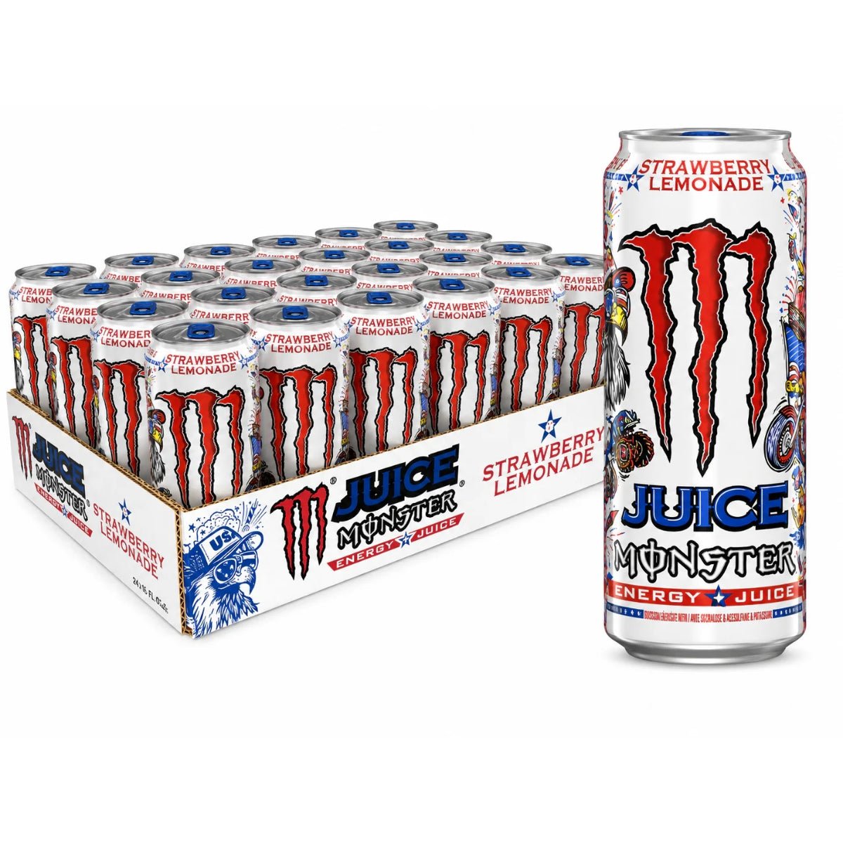 Front of Monster Energy Strawberry Lemonade case showing vibrant graphics, strawberry lemonade flavour, and pack size of 24 x 473ml cans.
