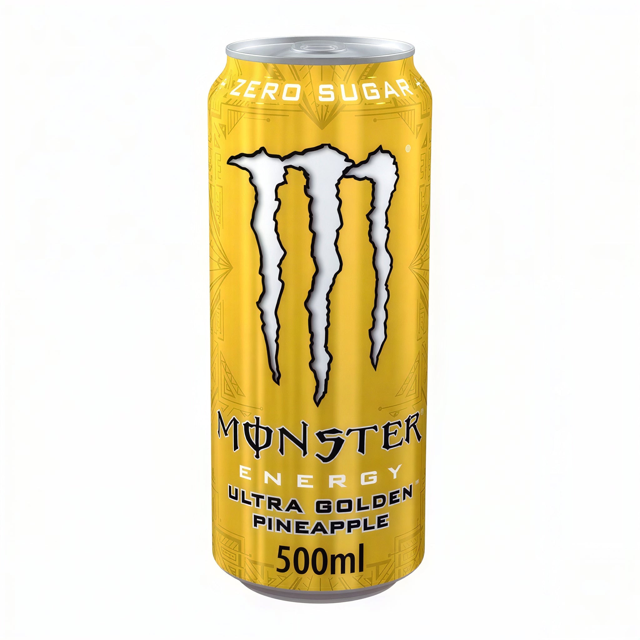 Front of Monster Energy Ultra Golden Pineapple 473ml can showing logo, zero sugar label, and golden pineapple design