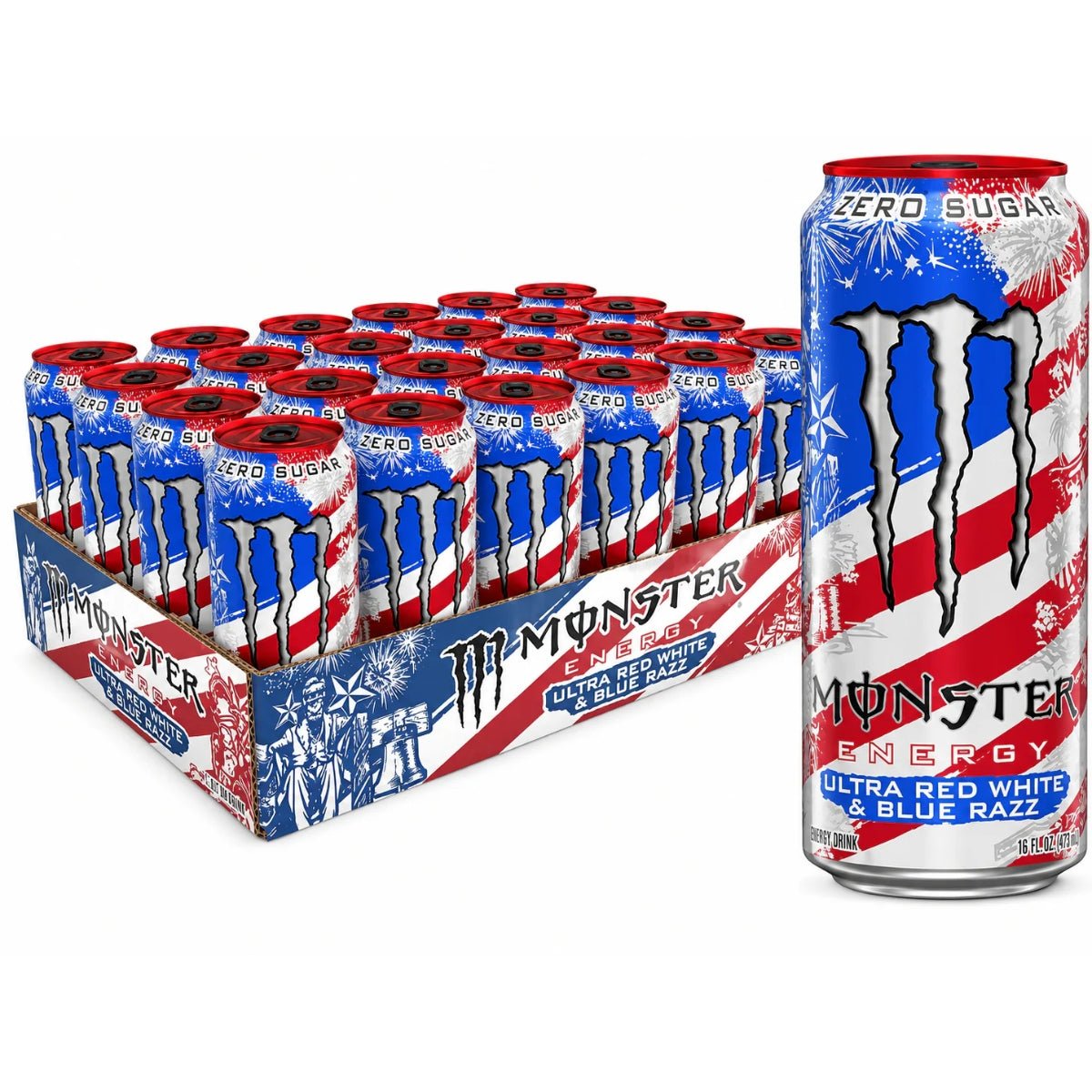 Front of Monster Energy Ultra Red White & Blue case showing logo, vibrant red, white, and blue design, and 24 x 473ml cans