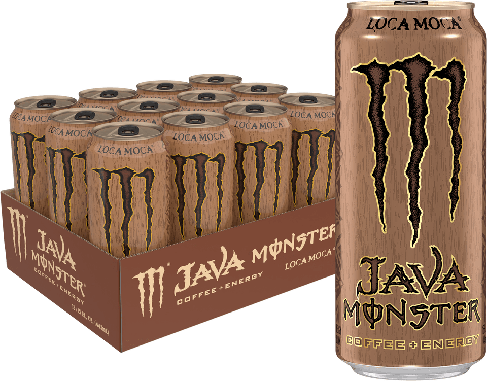 Front of Monster Java Loca Moca can showing logo, mocha coffee flavour, and 12-pack presentation (444ml each)