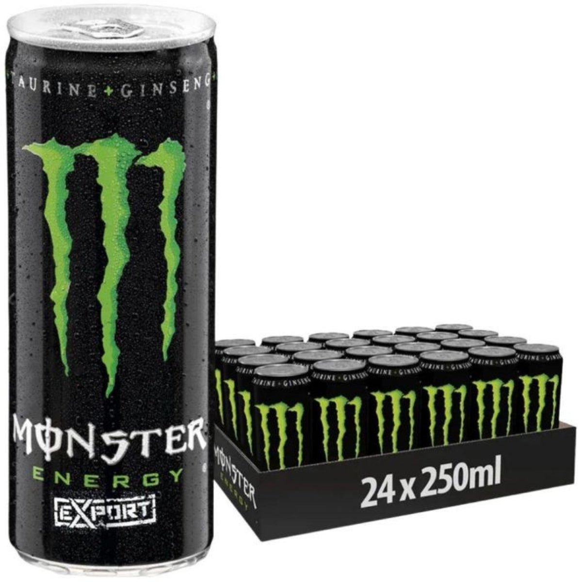 Front of Monster Original Export can showing bold green logo and black design, with 24 x 250ml case displayed behind.