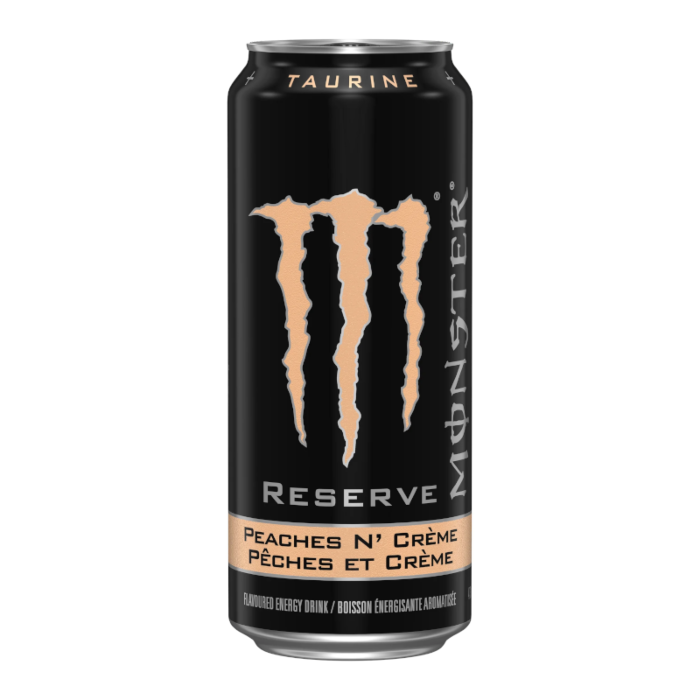 Front of Monster Reserve Peaches N' Creme can featuring the logo, peaches and crème flavour label, and pack size of 473ml.