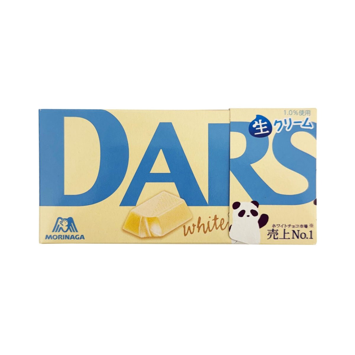 Front of Morinaga DARS White Chocolate package showing blue logo, creamy white chocolate piece, and 47g pack size.