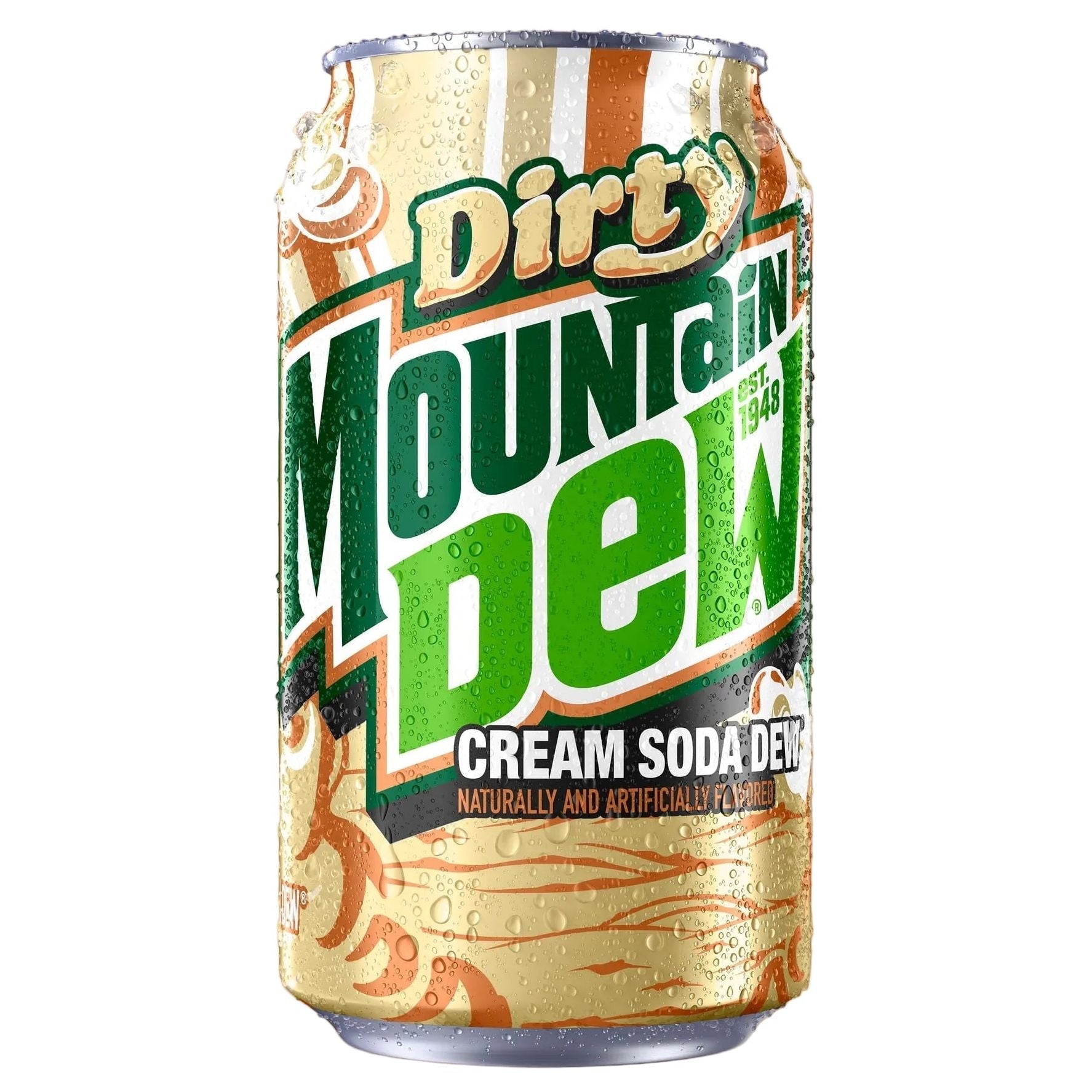 Front of Mountain Dew Dirty Cream Soda can featuring bold green and gold design, logo, and 355ml label