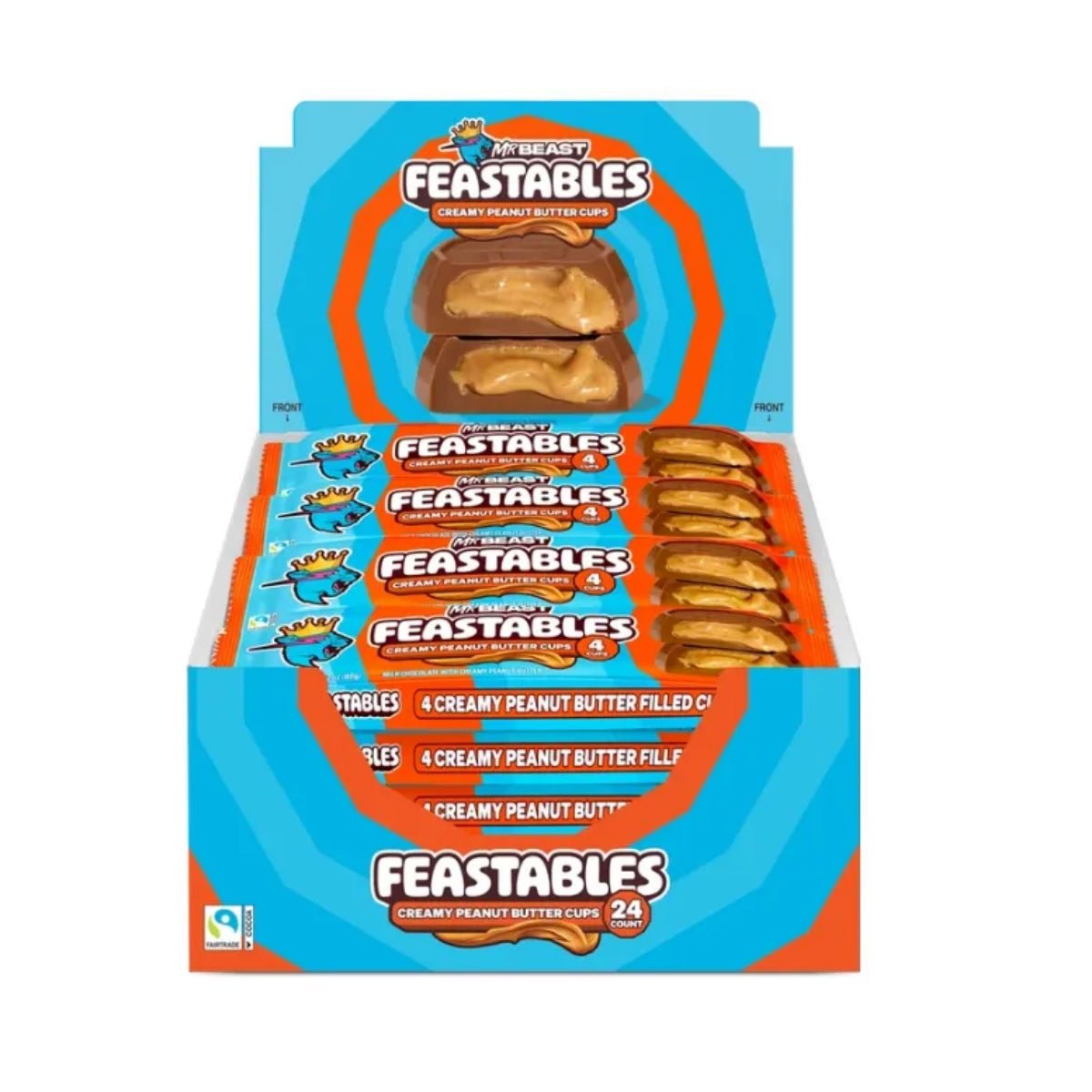 Front of Mr Beast Feastable Creamy Peanut Butter Cups box featuring bright orange and blue design with peanut butter cups (60g pack)