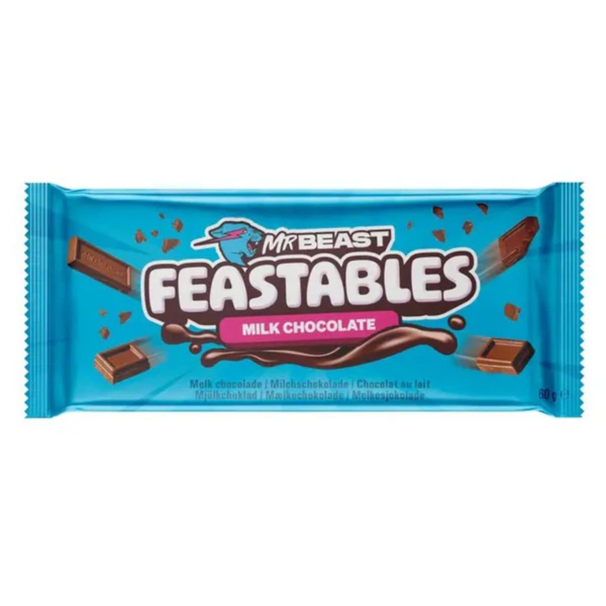 Front of Mr Beast Feastable Milk Chocolate bar showing the logo, milk chocolate flavour label, and 60g pack size