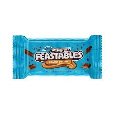 Front of Mr Beast Feastables Peanut Butter wrapper showing blue packaging with product name and peanut butter imagery (35g)