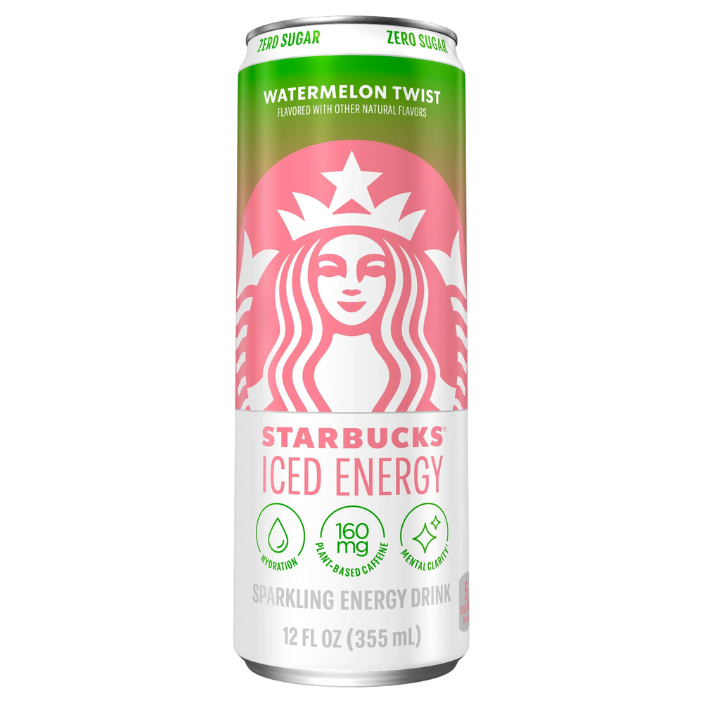 Front of Starbucks Iced Energy can featuring Watermelon Twist flavour, zero sugar label, and 355ml packaging.