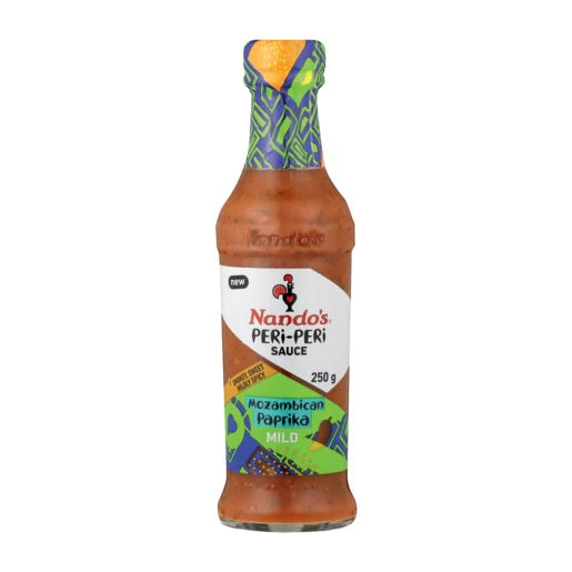 Front of Nando's Mozambican Paprika Mild Sauce bottle displaying the logo, flavour details, and 250g quantity.
