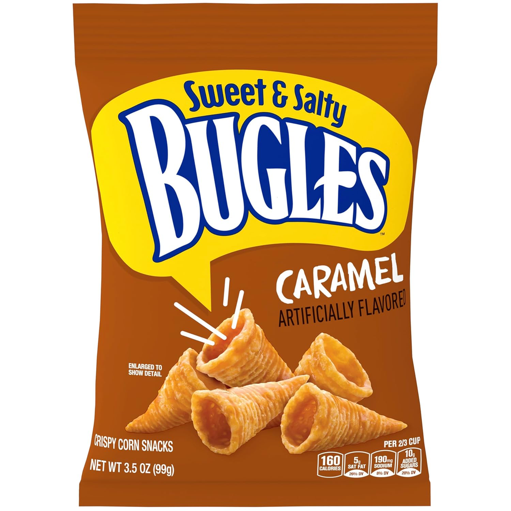 Front of Bugles Caramel bag featuring the logo, crispy corn snacks image, and caramel flavour label (99g pack)