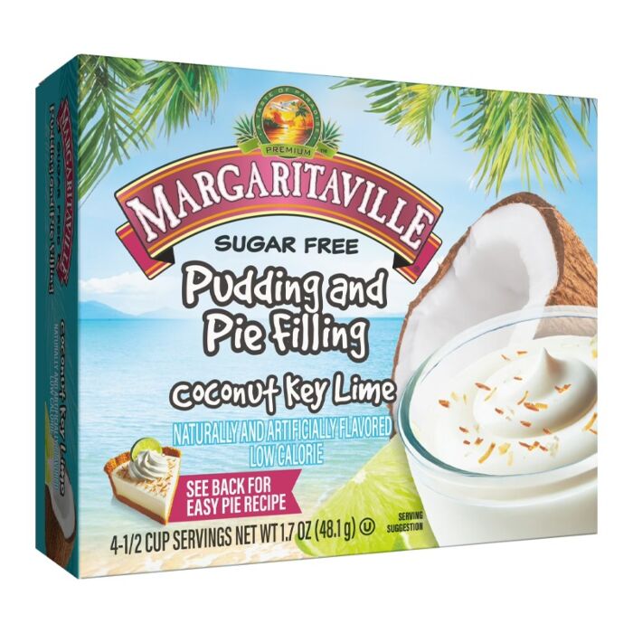 Front of Margaritaville Sugar Free Coconut Key Lime Pudding box displaying vibrant logo, coconut key lime flavour label, and serving suggestion (48g pack)