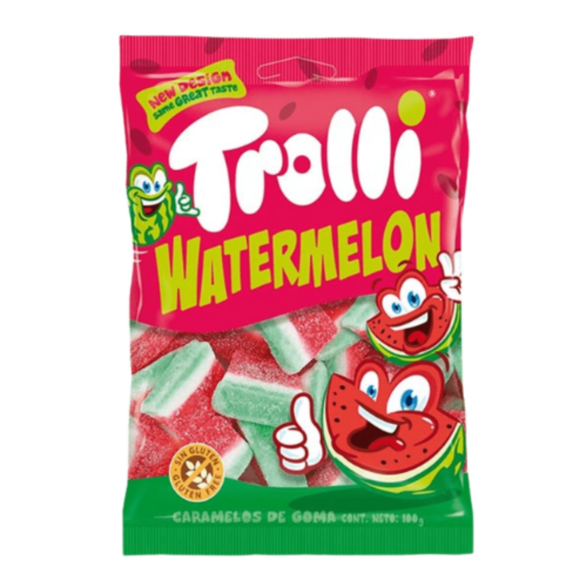 Front of a pink bag of Trolli Watermelon showing colourful gummy candies with watermelon flavour and 100g pack size