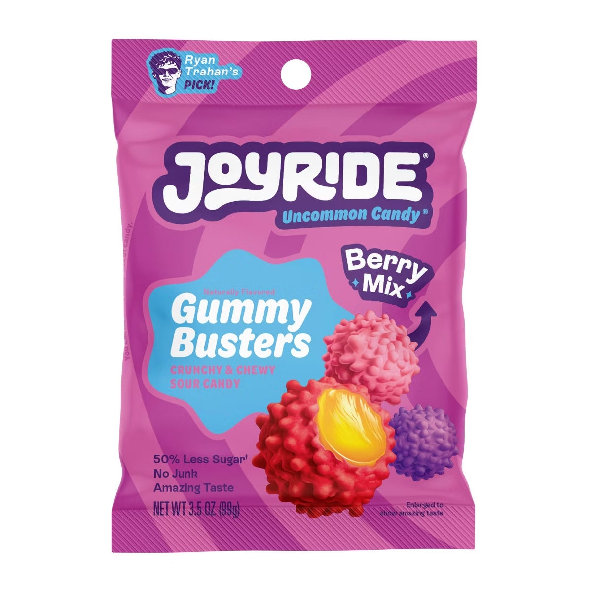 Front of Joyride Gummy Buster Berry Mix bag featuring colourful berry-themed gummies, brand logo, and pack size (99g)