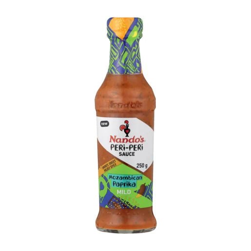 Front of Nando's Mozambican Paprika Mild Sauce bottle displaying the logo, flavour details, and 250g quantity.