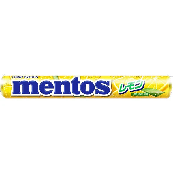 Front of Mentos Lemon (Japan) roll showcasing vibrant yellow packaging with logo and lemon imagery, 37g pack