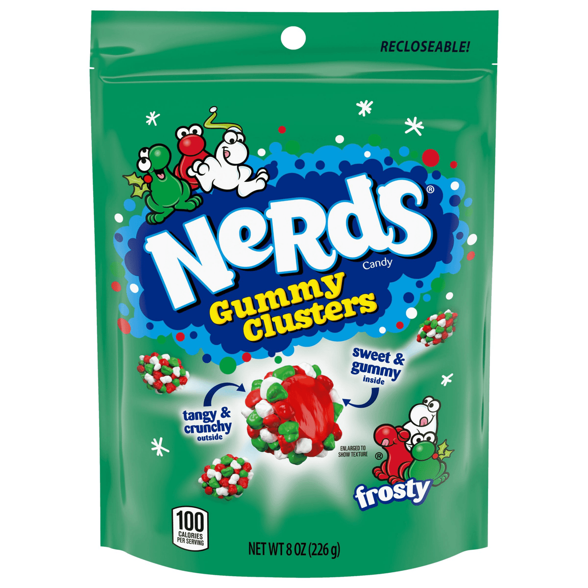 Front of Nerds Gummy Clusters Frosty bag showing the logo, colourful candy clusters, and a festive design (227g pack)
