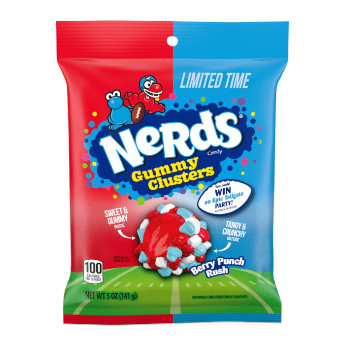 Front of Nerds Berry Punch Rush Gummy Clusters bag showcasing the vibrant red and blue design, with the product name, flavour, and weight (141g)