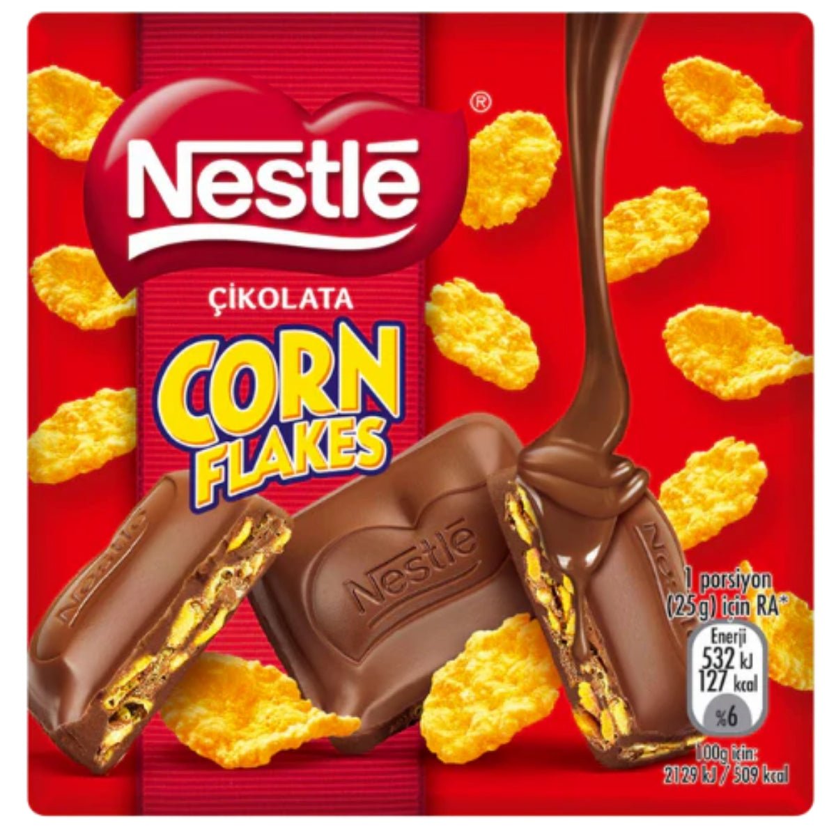 Front of Nestle Chocolate Corn Flake Bar packaging showcasing rich chocolate and crispy corn flakes (60g)