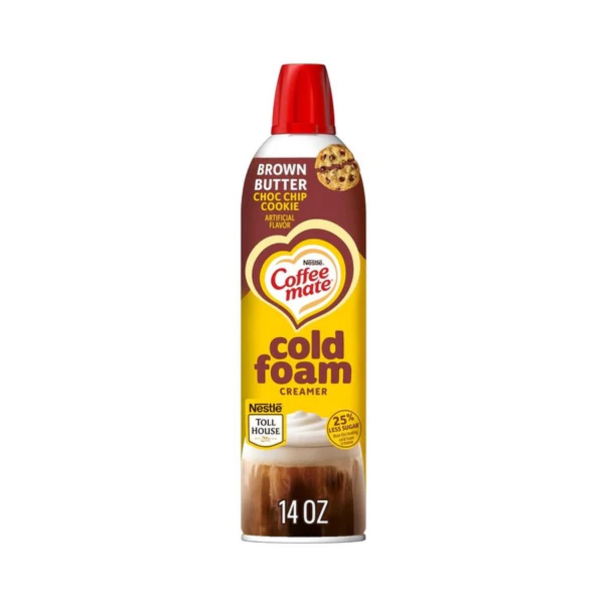 Front of Nestle Coffee Mate Cold Foam Choc Chip Flavour can showing logo, chocolate chip cookie image, and pack size (414ml)