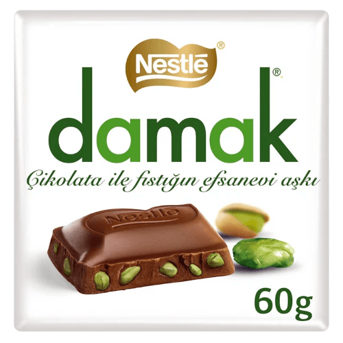 Front of Nestle Damak Milk Chocolate Pistachio Bar showing green logo, milk chocolate with pistachio pieces, and the 60g pack size