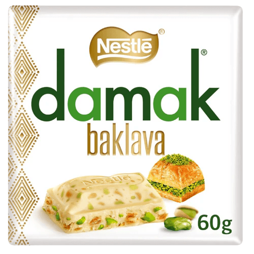 Front of Nestle Damak Pistachio Baklava Chocolate Bar showing logo, baklava imagery, and pack size (60g)