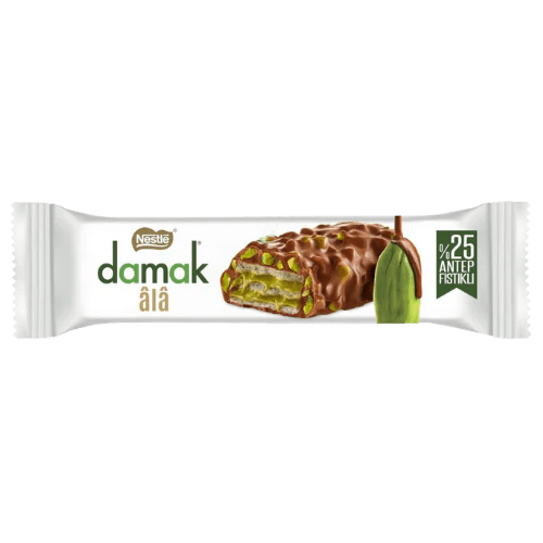 Front of Nestle Damak Pistachio Chocolate Wafer Bar showing chocolate coating, pistachio image, and label details (30g)