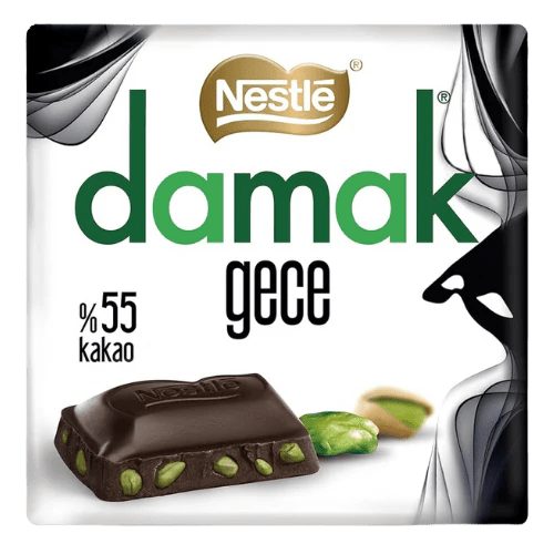 Front of Nestle Damak Pistachio Dark Chocolate Bar showing logo, pistachio pieces, and dark chocolate design (60g pack)