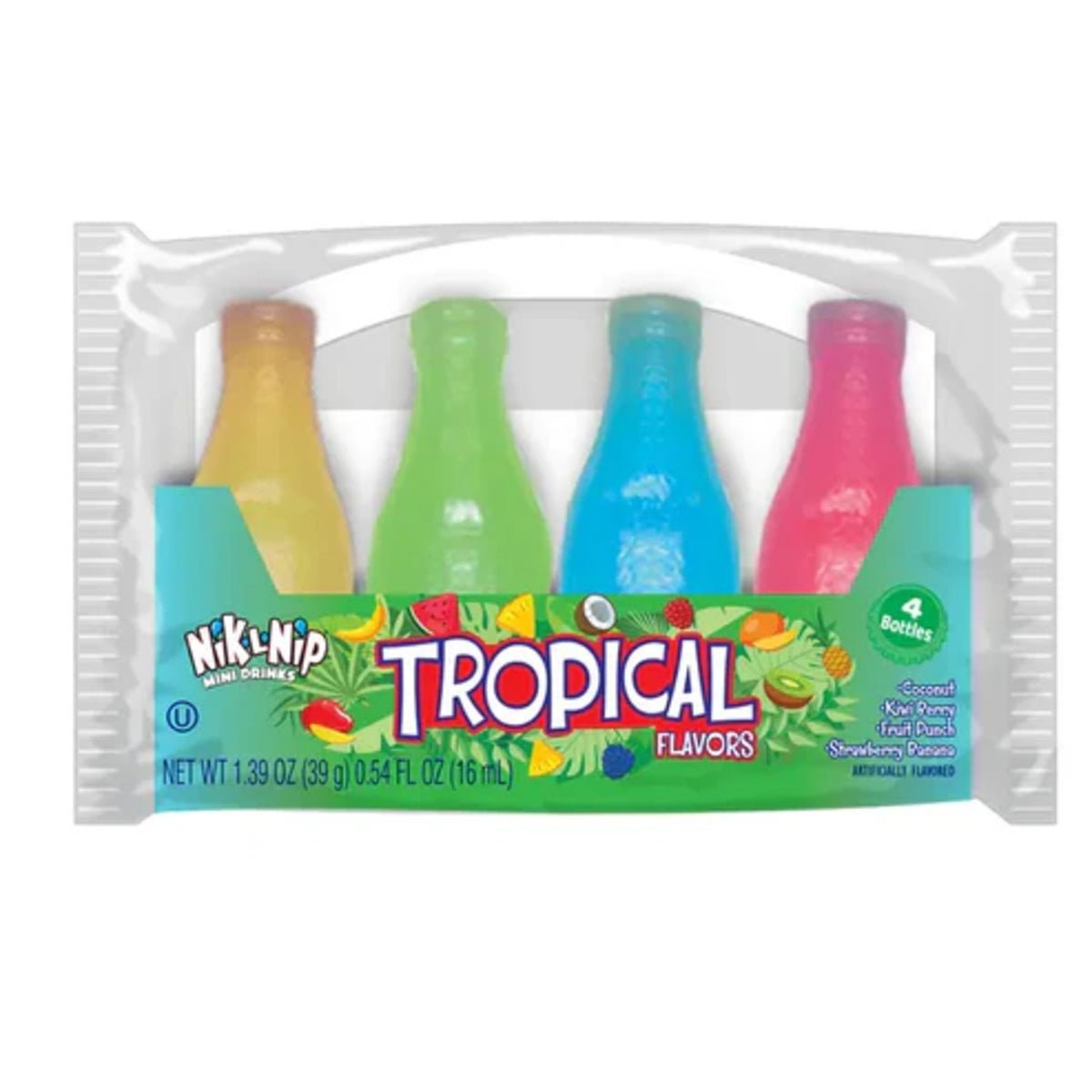 Front of Nik-L-Nip Tropical 4 Pack showing colourful mini drink bottles with tropical flavour labels (39g pack)