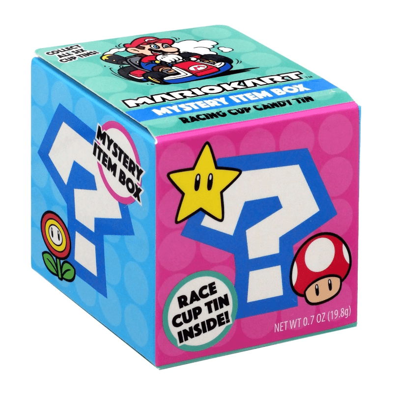 Front of Nintendo Mario Kart Mystery Box showing colourful design with question mark, Mario graphics, and text “Mystery Item Box” with 19.8g pack size.