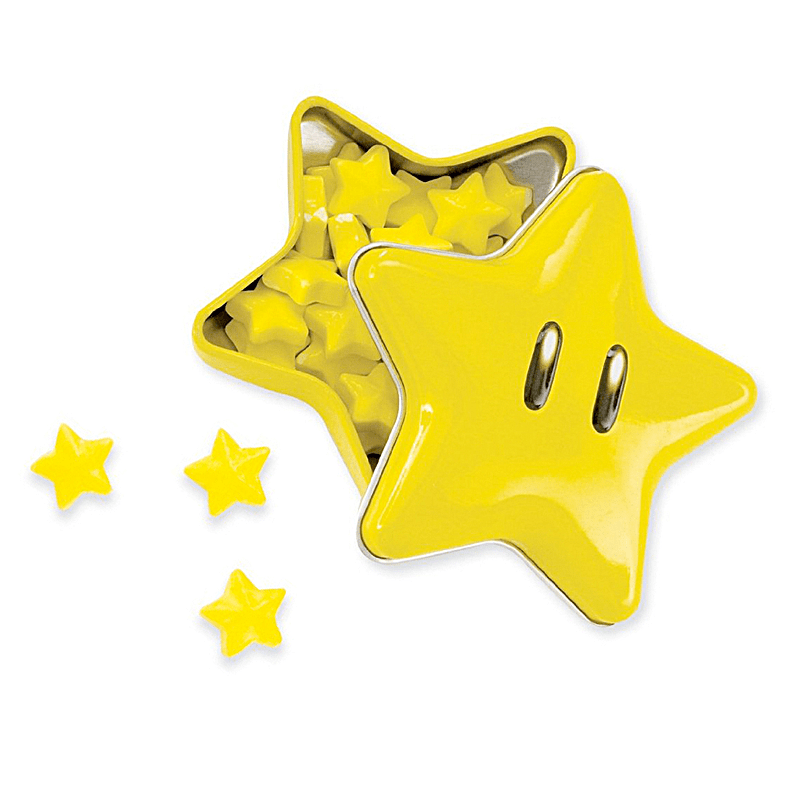 Front of Nintendo Super Star Candy Tin showing bright yellow star-shaped candies inside a star-shaped tin (26g)