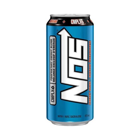 Front of a NOS Original Energy Drink can showing bold logo and blue design, 473ml size clearly visible.