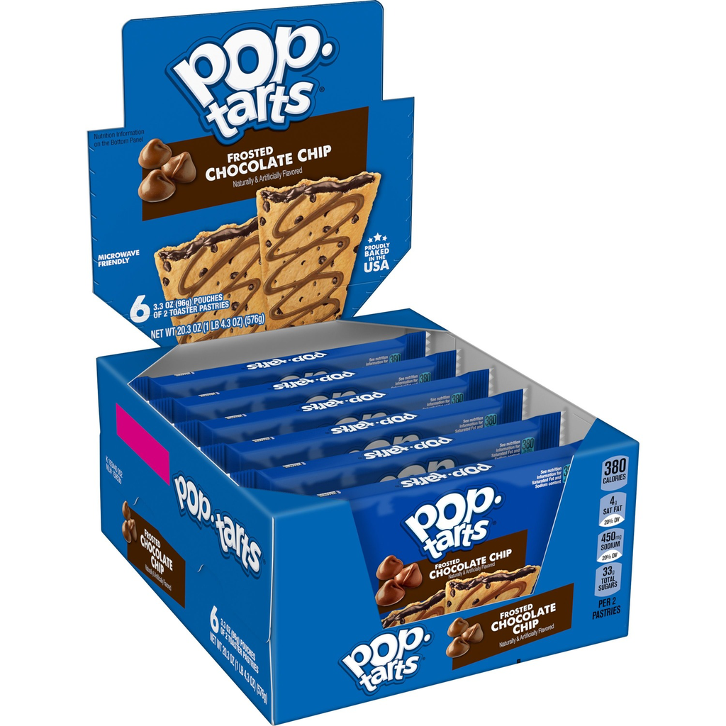 Front of Pop Tarts Frosted Chocolate Chip 12 Pack showing blue logo, frosted chocolate chip pastry images, and pack size (576g)