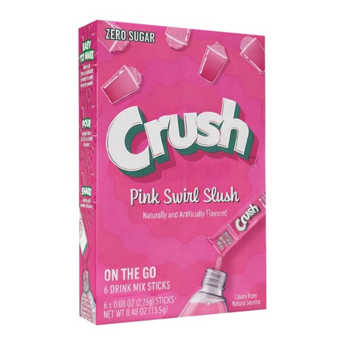 Front of Crush Pink Swirl Slush Singles to Go box showing logo and pink slush drink mix sticks (6 x 2.25g pack)