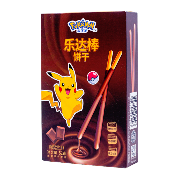 Front of Pokemon Stick Chocolate box featuring Pikachu, two chocolate sticks, and text indicating crispy taste and 52g pack size.