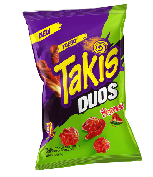 Front of Takis Duos Fuego Rolled Tortilla Chips & Popcorn bag showing vibrant purple and green packaging with logo and depicted snacks (92g pack)