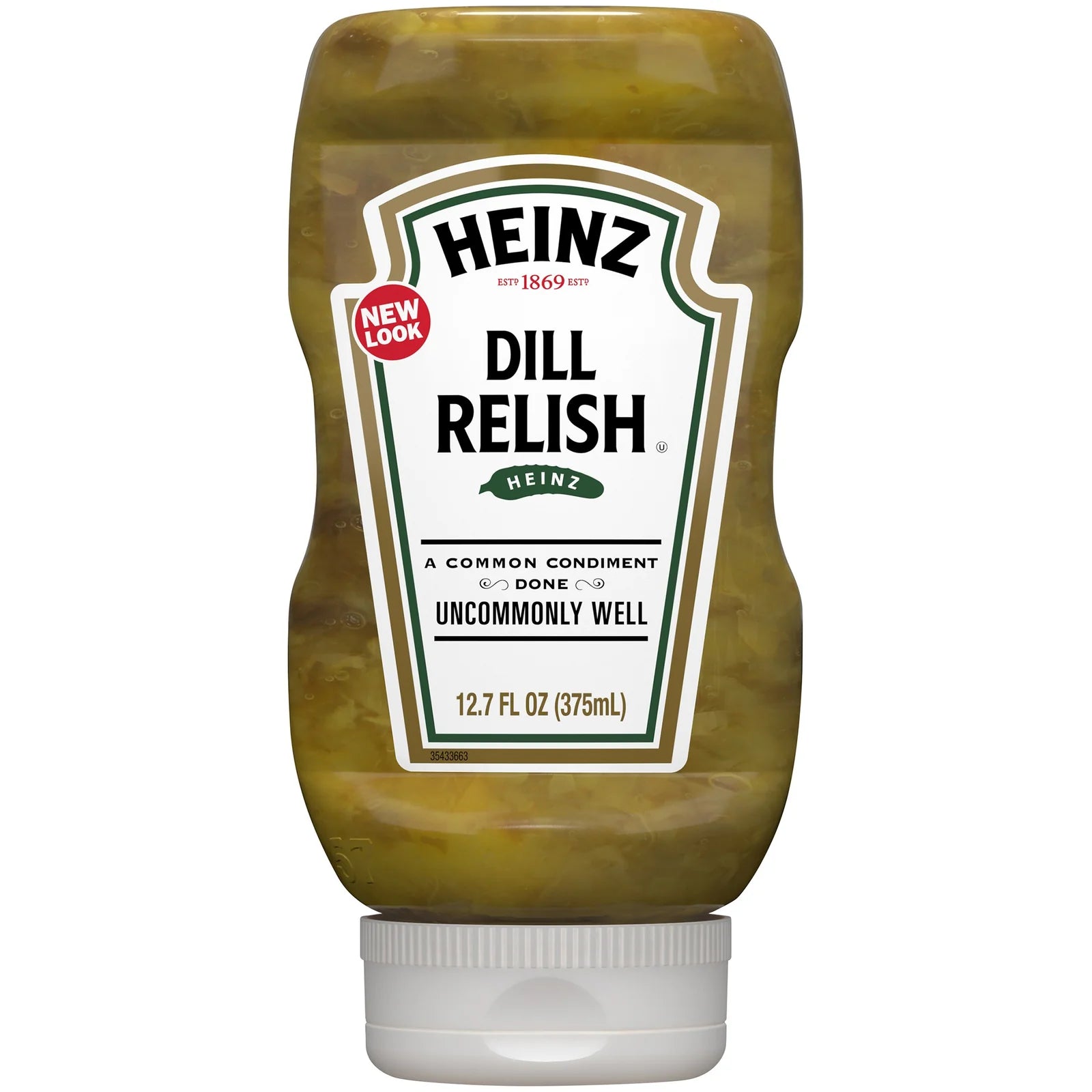 Front of Heinz Dill Relish squeeze bottle showing bold logo and dill relish packaging with 375ml quantity