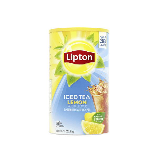 Front of Lipton Lemon Iced Tea Mix container showing logo, lemon flavour label, and pack size (36 litres)