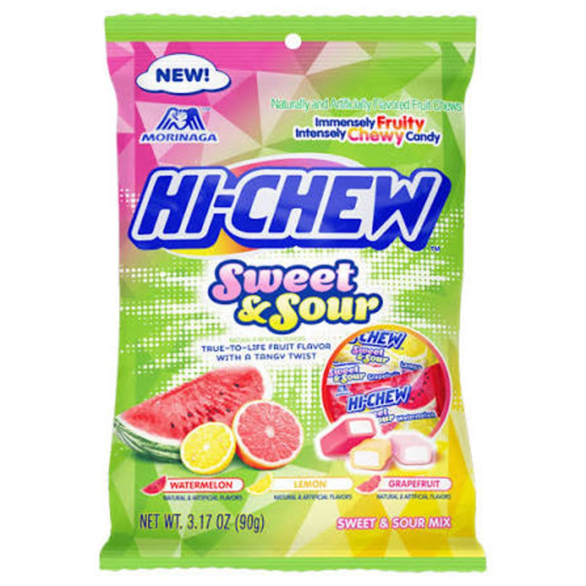 Front of Hi-Chew Sweet & Sour bag showing vibrant colours, logo, and images of watermelon, lemon, and grapefruit (90g pack)